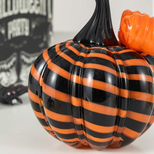 Glitzhome® 4.75" Halloween Striped Glass Pumpkin with Bow